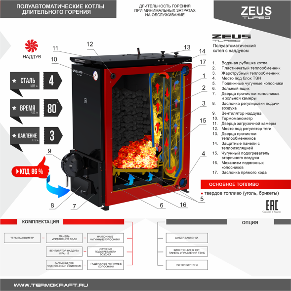Котел на угле полуавтомат ZEUS Turbo 42-54